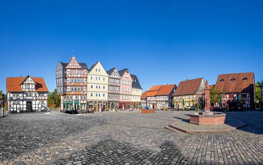 Neu Anspach, Germany - October 2, 2015: market place at Hessenpark in Neu Anspach. Since 1974, more than 100 endangered buildings have been re-erected iat the Hessenpark Open-Air Museum.
