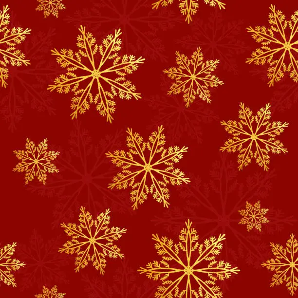 Vector illustration of Gold Colored Snowflake Seamless Pattern with Red Background. Christmas and New Year Concept. Design Element for Greeting Cards, Decoration and Gifts.