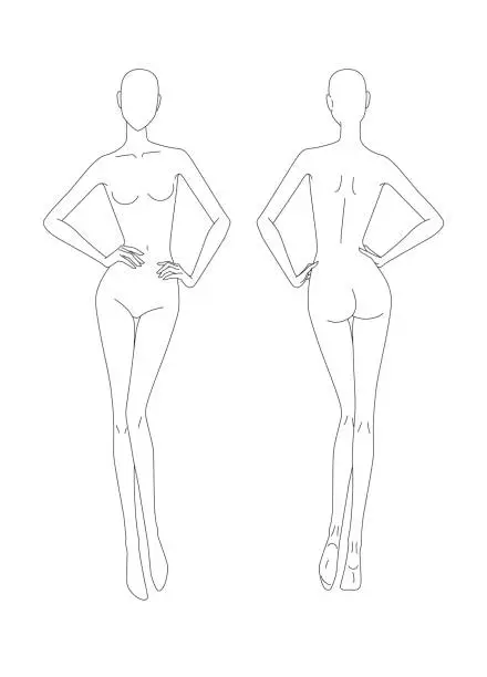 Vector illustration of Sketch of the female body. Girl model Front and back view. Pose hands on the belt. Female body template for drawing clothes. You can print and draw directly on sketches. Fashion Illustration.