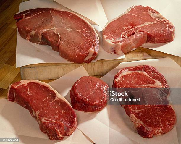 Cuts Of Raw Beef On Butchers Paper Stock Photo - Download Image Now - Beef, Block Shape, Color Image