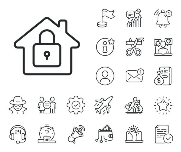 Vector illustration of Lock line icon. Home protection sign. Salaryman, gender equality and alert bell. Vector