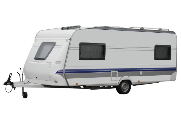 istock A white and blue caravan trailer on a white background 174477680