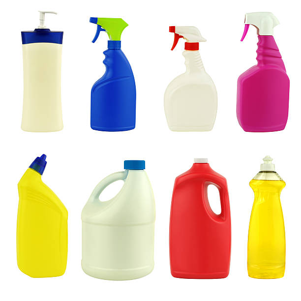 istock Eight multicolored label-less cleaning product bottles 174478323