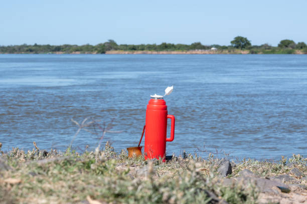 термос и мате на берегу реки. - argentina buenos aires yerba mate gaucho стоковые фото и изображения