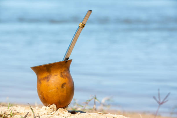 мате отдыхает на песке на берегу реки. - argentina buenos aires yerba mate gaucho стоковые фото и изображения