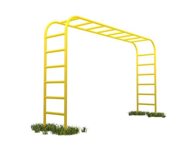 Monkey Bars Yellow monkey bars with a little patch of grass on a white background.Could be useful in a playground composition.This is a 3d rendering. jungle gym stock pictures, royalty-free photos & images