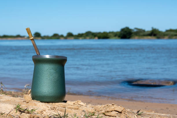 мате отдыхает на песке на берегу реки. - argentina buenos aires yerba mate gaucho стоковые фото и изображения