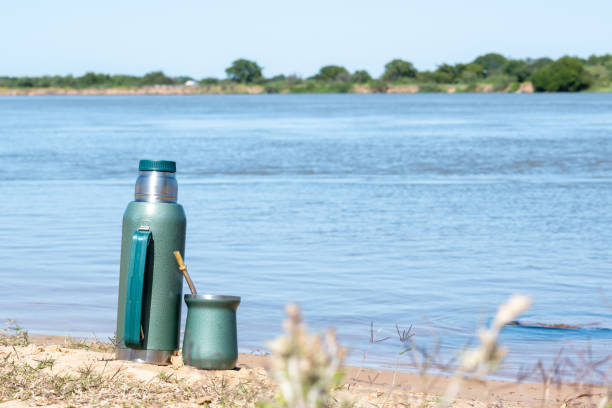 термос и мате на берегу реки. - argentina buenos aires yerba mate gaucho стоковые фото и изображения