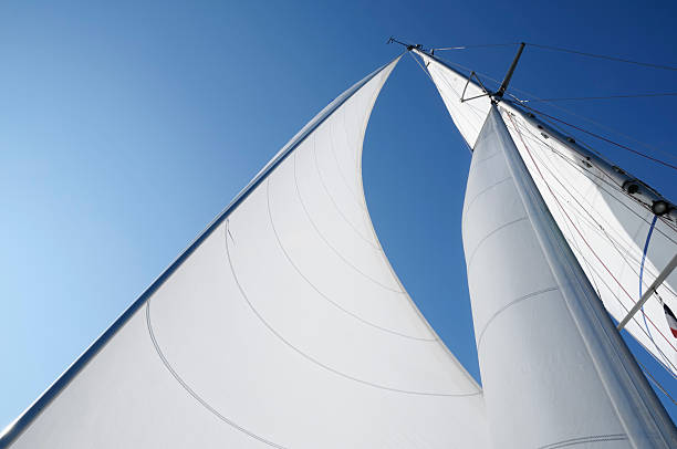 Wind in the sails against blue sky Sails of a yacht (cutter rig) billowing in the wind, against blue Mediterranean sky.  yachting stock pictures, royalty-free photos & images