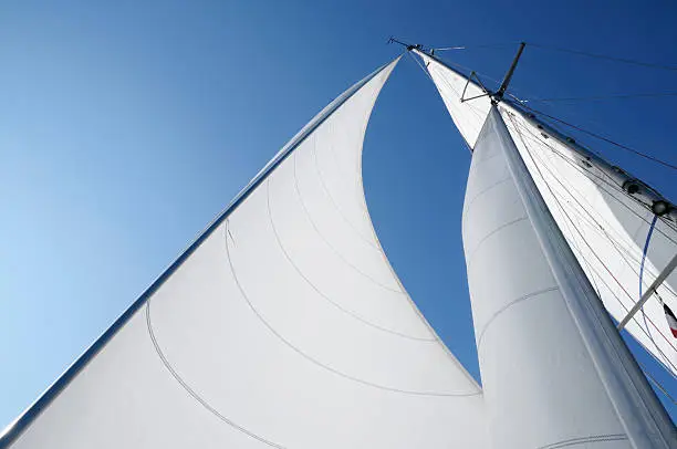 Sails of a yacht (cutter rig) billowing in the wind, against blue Mediterranean sky. 