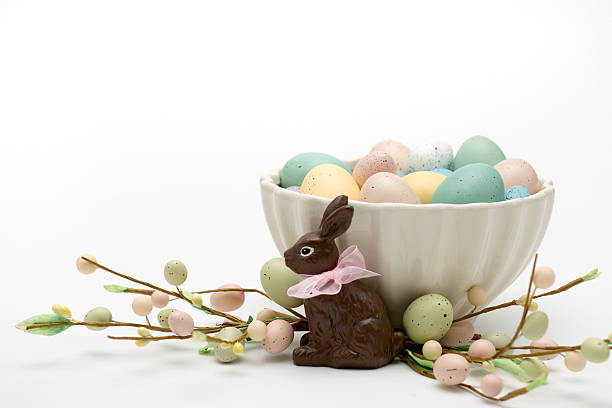 Easter eggs with chocolate bunny stock photo
