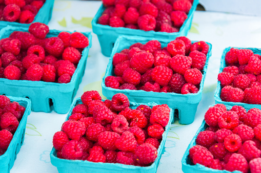 Blue paperboard containers of late season raspberries offered for sale at a central Vermont weekly farmers market.