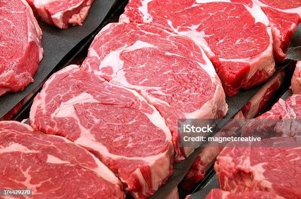 Fresh Ribeye Steaks At The Butcher Shop Stock Photo - Download Image Now - Meat, Beef, Raw Food