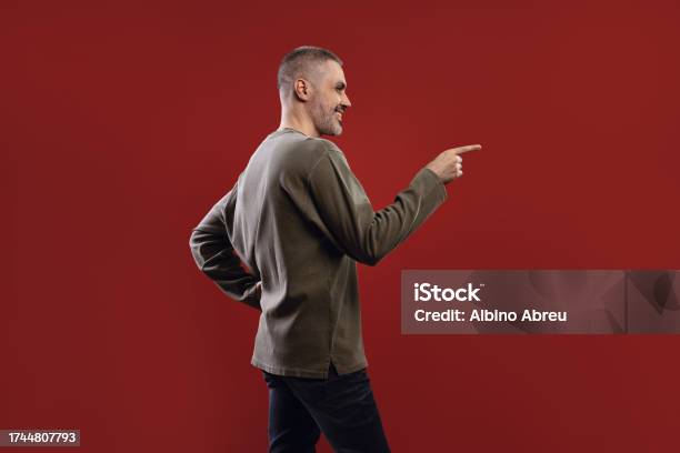 Point Image Forward Man In Profile Smiling Pointing Forward Stock Photo - Download Image ...