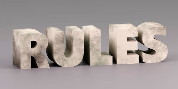 istock Luxury concrete inscription rules on grey podium, soft light, smooth background, 3d rendering 1744810044