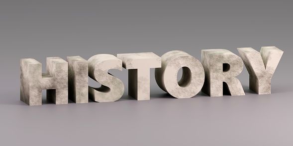 3d rendererd concrete sign saying history on gray background