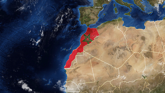 Credit: https://www.nasa.gov/topics/earth/images\n\nAn illustrative stock image showcasing the distinctive flag of Morocco beautifully draped across a detailed map of the country, symbolizing the rich history and cultural pride of this renowned European nation.