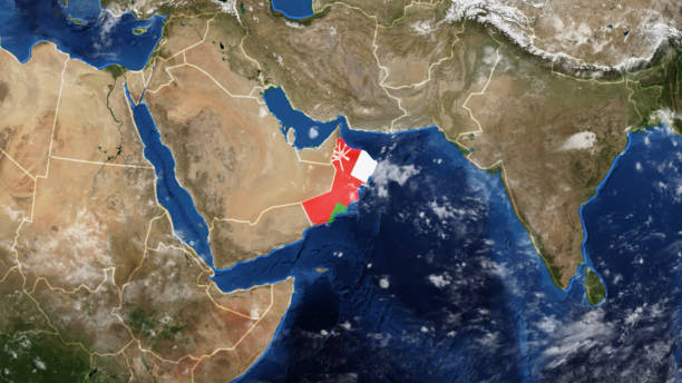 карта омана, украшенная флагом - satellite view topography aerial view mid air стоковые фото и изображения