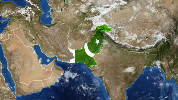 mapa de pakistán adornado con banderas - satellite view topography aerial view mid air fotografías e imágenes de stock