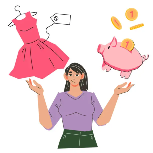 Vector illustration of Woman choosing between buying a new dress and saving money, vector isolated.