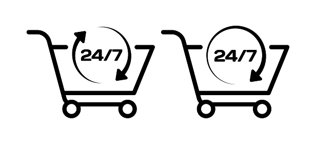24/7 shopping. Silhouette, black, shopping cart, 24/7 shopping. Vector icons