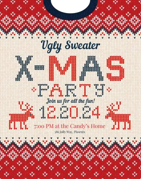 Vector illustration of Ugly Sweater Christmas Party cards. Knitted pattern. Scandinavian style deers