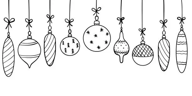 Vector illustration of Set of Christmas decorations in doodle style. Hand drawn design elements for holiday banners, cards, flyers, wrapping paper. Vector illustration