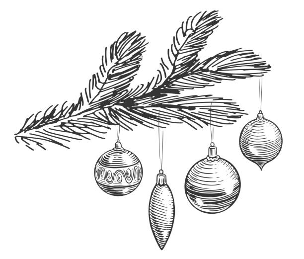 ilustrações, clipart, desenhos animados e ícones de feliz natal e próspero ano novo. bolas de decoração em galho de abeto. ilustração desenhada à mão no estilo de esboço - fir tree christmas branch twig