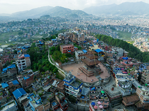 Aerial view of Uma Maheshwar Temple, Kirtipur, Nepal. Palaces and buildings. Terraces and homes, city streets. 10-13-2023