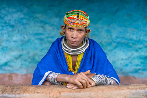 Clse up Portrait of a woman from the Bonda tribe of the Indian region of Odisha. Since 2012, India has placed restrictions on being able to visit this tribe.