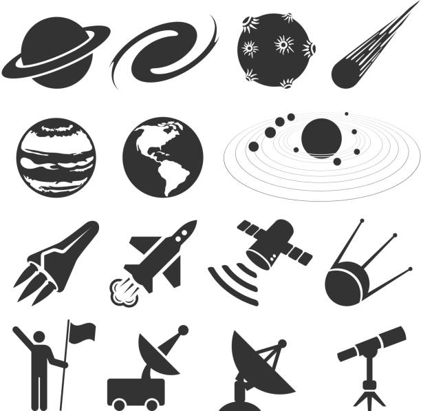 illustrazioni stock, clip art, cartoni animati e icone di tendenza di spazio e astronomia nero & bianco icona vettoriale impostato - lunar space equipment