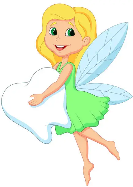 Vector illustration of Cute cartoon Tooth Fairy flying with Teeth