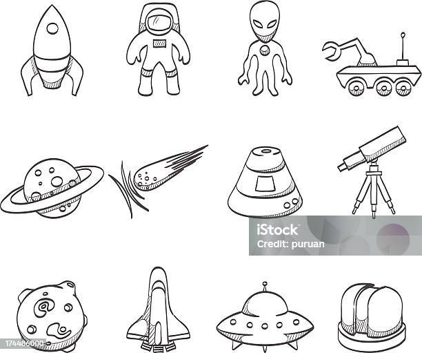 Esboço De Íconesespaço - Arte vetorial de stock e mais imagens de Extraterrestre - Extraterrestre, Astronauta, Rabisco - Desenho