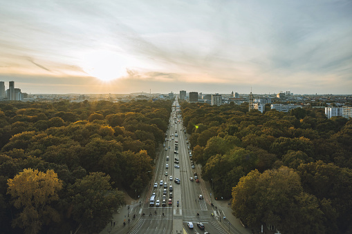 view from victory column on west Berlin skyline at sunset in autumn