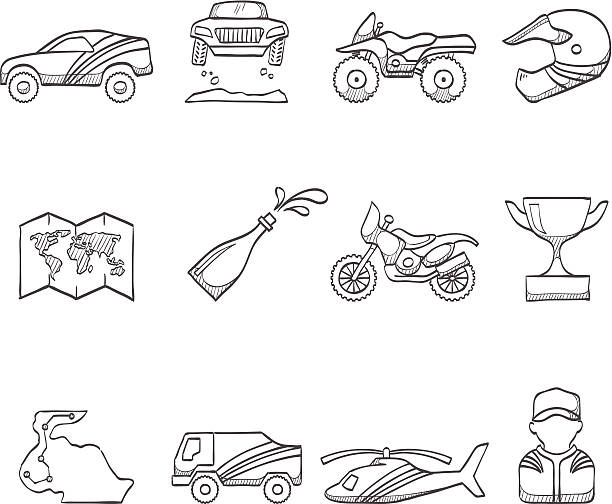Sketch Icons - Rally Rally related icons in sketch. EPS 10. AI, PDF & transparent PNG of each icon included.  motorcycle drawings stock illustrations