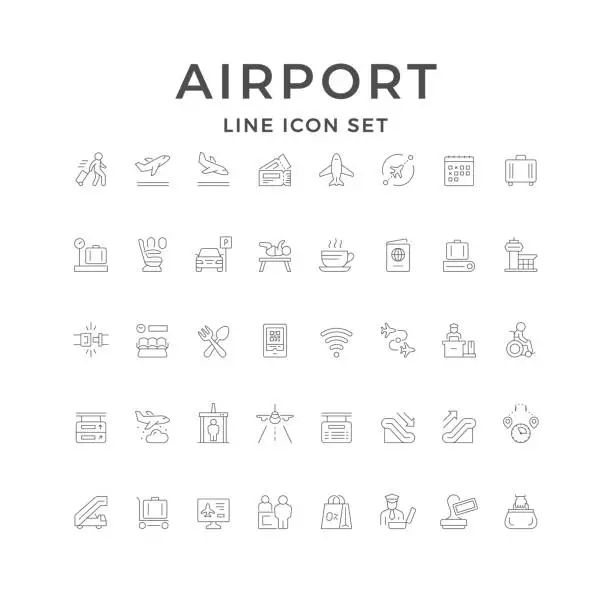 Vector illustration of Set line icons of airport