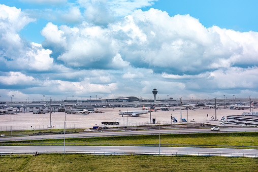 Domodedovo, Russia - May 13, 2019: a view of Domodedovo airport during the takeoff