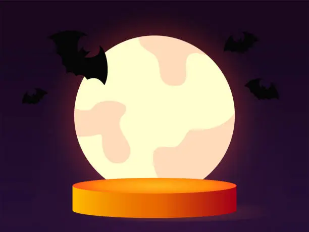 Vector illustration of Orange cylindrical Podium. Halloween background. The moon and flying mice .Vector. empty platform