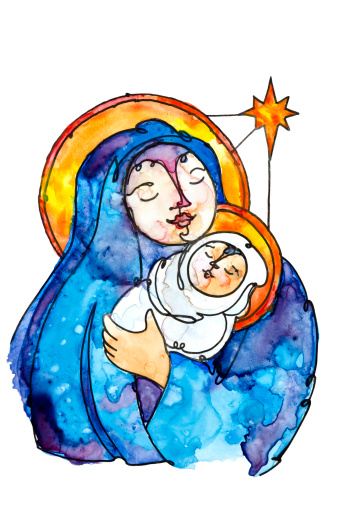 Virgin Mary with newborn baby Jesus. This image, photographed and created by me, Sandy Sandy, has minimal post processing and shows off the granular imperfections of natural pigments. Interesting color transitions flow and mingle in a soft organic way, like nature itself and only true watercolor paint can. This image was first drawn in ink, then painted with real water, synthetic brushes and transparent watercolors which sit on the surface of this synthetic plastic yupo paper. The results of this technique are very interesting and unique.