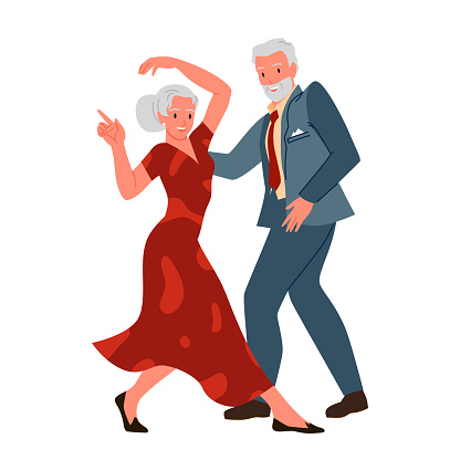 Old couple dancing to music together vector illustration. Cartoon isolated man in formal suit and woman in red dress dance, funny elderly retired dancers perform retro glamour swing or jazz motion