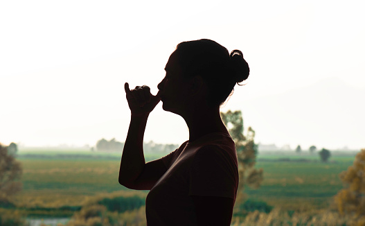 Silhouette of woman doing yoga.
