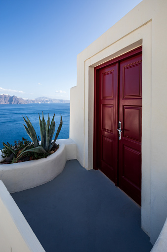 Santorini Greece Sept 2015 A cliffside entrance to hotels and restaurants built on the cliffs of Fira Santorini