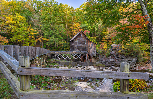 Glade Creek Grist Mill in Babcock State Park during the fall season in the Appalachian Mountains of West Virginia, USA.