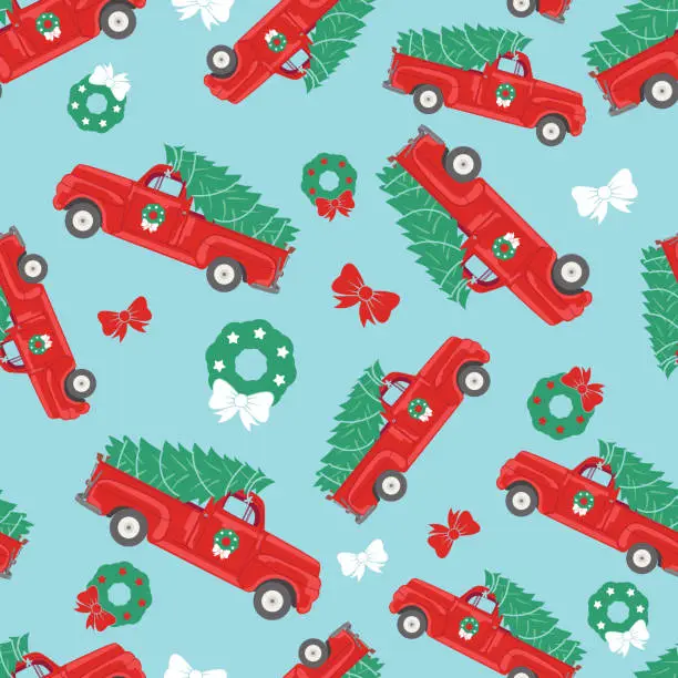 Vector illustration of Seamless Christmas Pickup Truck Pattern