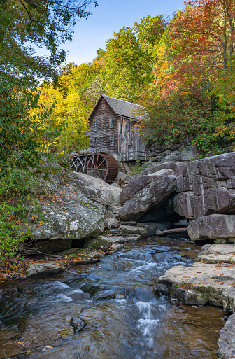 Glade Creek Grist Mill in Babcock State Park during the fall season in the Appalachian Mountains of West Virginia, USA.