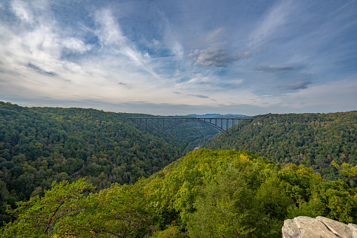 Long Point overlook in New River Gorge National Park during the fall season in the Appalachian Mountains of West Virginia, USA.