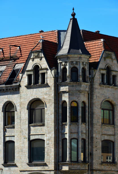 Oslo, Norway: stone façade with turret and ornamental gables of the old Hotel d'Angleterre, completed in 1898, architect Henrik Nissen, Karl Johan Street.