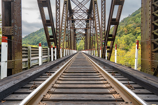 Railroad Tracks Leading into Historic Thurmond in New River Gorge National Park during the fall season in the Appalachian Mountains of West Virginia, USA.