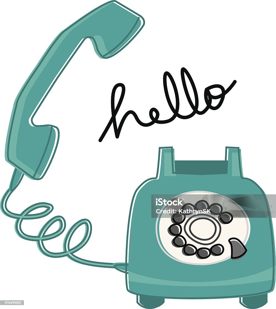 Retro Phone Says Hello Turquoise retro phone says hello in a sketchy style. Download contains Illustrator CS6 ai, Illustrator 10.0 eps, and high-res jpeg.  Old stock vector