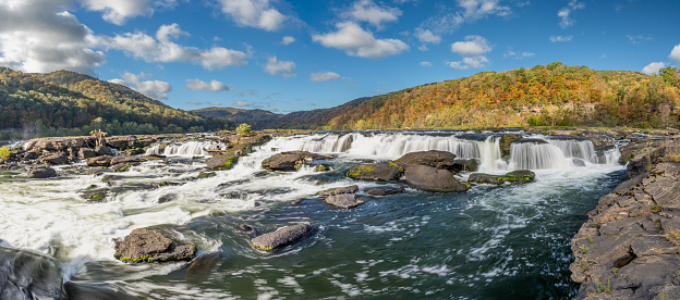 Breathtaking Sandstone Falls in New River Gorge National Park during the fall season in the Appalachian Mountains of West Virginia, USA.